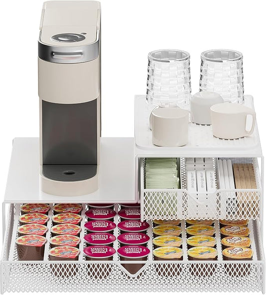 Coffee Maker Countertop Organizer,K Cup Pod Drawers,60 Coffee Capsule Pod Holder,Integrated Design Requires No Assembly.Slidng Storage Pod Baskets,Pod Stands,Silicone Drink Coasters