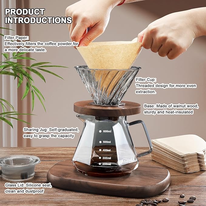 Mongdio Pour Over Coffee Maker, 20 oz High-Heat Borosilicate Glass Coffee Maker with 100pcs V60 Paper Filters, Walnut Handle & Glass Lid, Drip Coffee Maker Set for Home Café Restaurant - 600ml, Gray