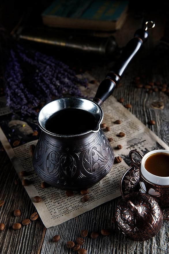 DEMMEX 15 Oz Thickest Copper Turkish Greek Arabic Coffee Pot, Stovetop Coffee Maker, Cezve Ibrik Briki with Wooden Handle & Spoon, Hand Engraved (Antique Copper, 6 Servings)