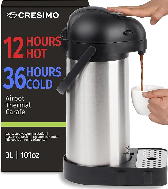 Airpot Coffee Dispenser with Pump & Tray - 102oz/3L Coffee Carafe with Pump - 12 Hours Hot Drink Dispenser for Parties - Stainless Steel Thermal Carafe for Hot Cocoa Bar -Easy-to-Use Insulated Pitcher