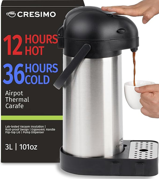Airpot Coffee Dispenser with Pump & Tray - 102oz/3L Coffee Carafe with Pump - 12 Hours Hot Drink Dispenser for Parties - Stainless Steel Thermal Carafe for Hot Cocoa Bar -Easy-to-Use Insulated Pitcher