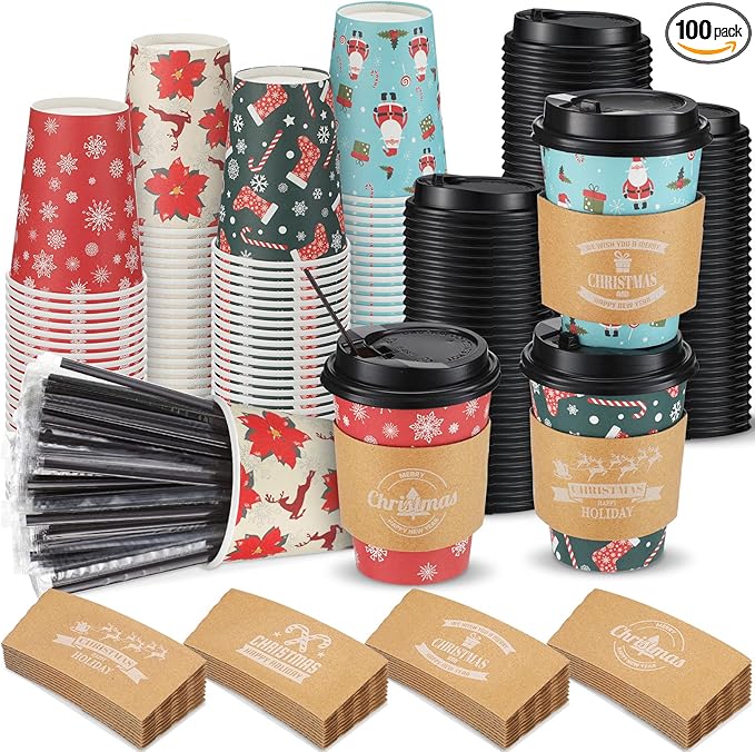 Remerry 100 Sets 400 Pcs 12 oz Christmas Disposable Coffee Cups with Lid, Straws and Sleeves Snowflake Reindeer Snowman Paper Cups Xmas Party Supplies for Hot Drink Cold Beverage(Bright Style)
