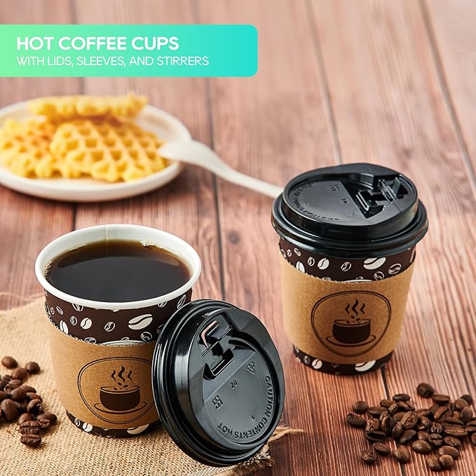 JOLLY PARTY 10oz(100 Pack) Disposable Coffee Cups with Lids, Sleeves and Straws - Paper Coffee Cups with Lids, Hot Cups for Shops, Cafes, and Concession Stands(Dark Brown)