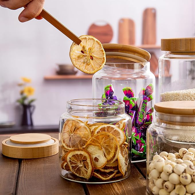 1200ML/42Oz Clear Cute Glass Storage Canister Holder with Airtight Bamboo Lid, Modern Decorative Large Container Jar for Coffee, Spice, Candy, Salt, Cookie, Condiment, Pepper, Sugar