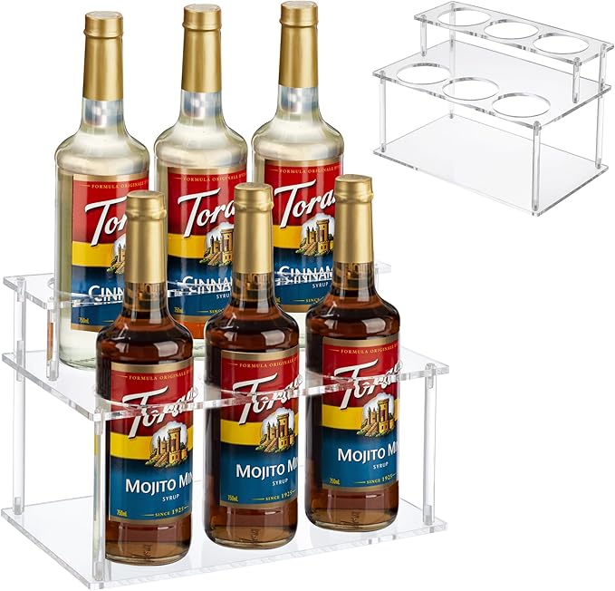 Acrylic Coffee Syrup Organizer rack,2 Tier-6 Bottle Capacity Syrup stand,Syrup Bottle Holder for coffee bar syrup storage,kitchen condiment organization and wine display.