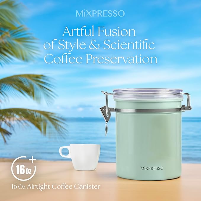 Mixpresso Green Coffee Canister, 16oz Airtight Stainless Steel Kitchen Food Storage Container with Clear Lid and Spoon. for Grounds Coffee, Beans, Tea, Flour, Cereal, Vacuum Sealed Sugar Container