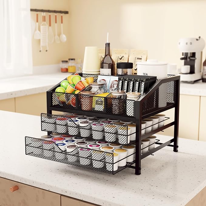 Coffee Bar Organizer - Coffee Station for Countertop, Metal and Wood K Cup holder Storage Basket for Syrup, Cups, Stirrer, Condiment, Tea Organizer, Black