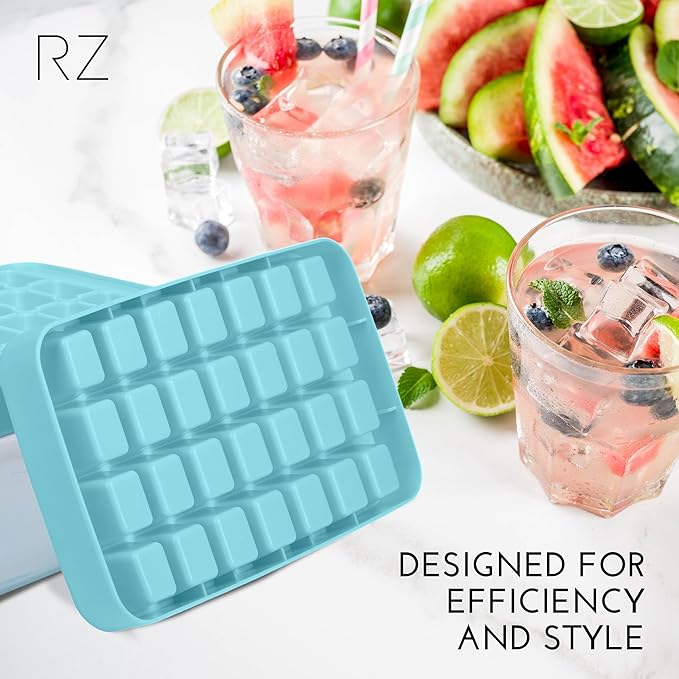 Rachel Zoe 2-Piece Stackable Ice Cube Tray with Bin Set, BPA Free 56 Cubes Ice Tray for Freezer with Bucket, Scoop and Easy Release Lid, for Fruit & Herb Infusions, Cocktails, Iced Coffee Drinks