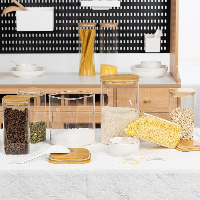 122oz Airtight Glass Square Storage Canister with Bamboo Lid Set of 2(3600ml*2) Large Storage Container Gallon Glass Jars, for Sugar, Flour, and Coffee bean (with Black Lable)