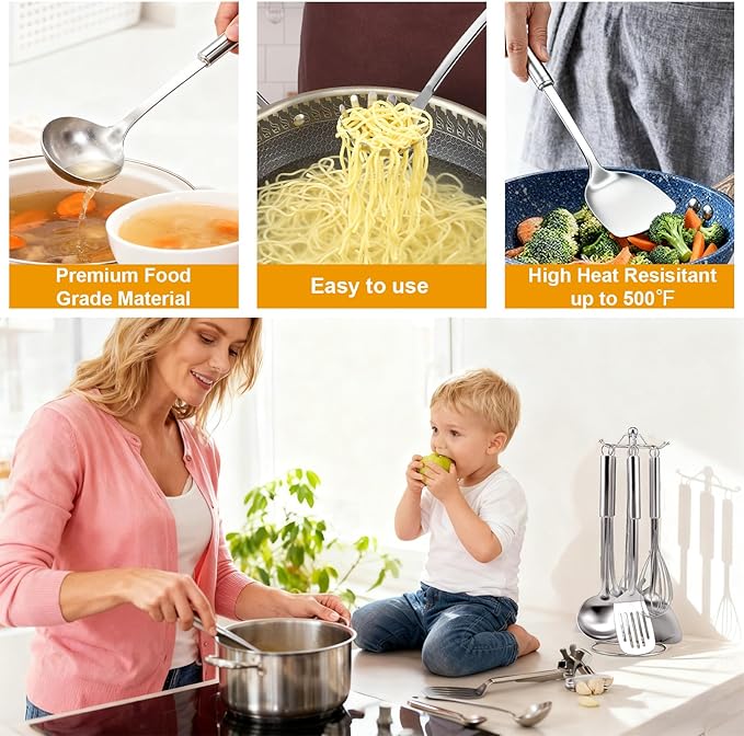 Stainless Steel Kitchen Cooking Utensils Set of 7 - Kitchen Utensils with Hanging Rack, Spatula, Slotted Turner, Soup Ladle, Slotted Spoon, Whisk, Pasta Server, Holder, Dishwasher Safe