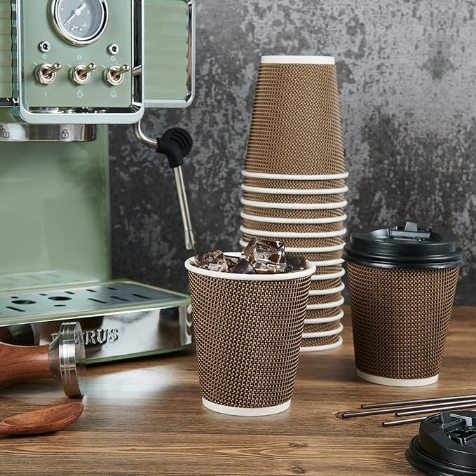 LITOPAK 80 Pack 10 oz Paper Coffee Cups, Insulated Ripple Wall Hot Coffee Cups with Lid and Straws, Brown Three Layer Insulated Hot Beverage Cups for Parties, Picnic, and Travel