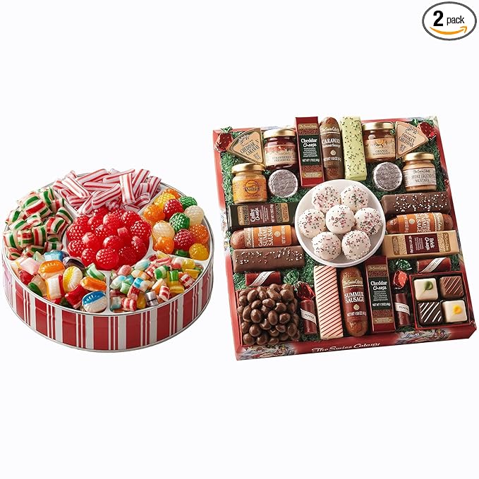 The Swiss Colony 27 Favorites and Traditional Christmas Candy Gift Bundle - Assorted Cheeses, Chocolates, Summer Sausage Meats, Nostalgic Hard Candy, Ribbons, Raspberry Drops and More