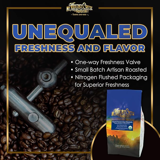 Mt. Whitney Organic Gayo Mountain Sumatra, Medium Dark Roast, Low Acid Coffee (Ground, 5 Lb)