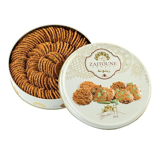Zaitoune Barazek Cookies - 18 oz | Luxurious Crunchy Sesame & Pistachio Cookies Handcrafted in Turkey | Beautiful Reusable Gift Tin | Perfect for Coffee or Tea | Great Sharing Present