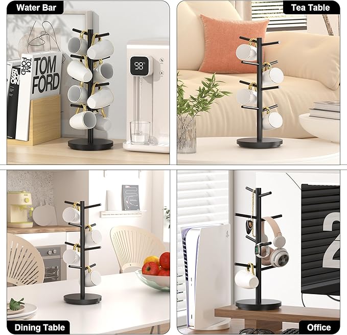 Wisuce Coffee Mug Holder Tree Upgraded 360Rotated Cup Holder for Counter Black Wood Cup Tree Mug Rack Organizer Stand with 8 Hooks for Kitchen Coffee Bar Accessories
