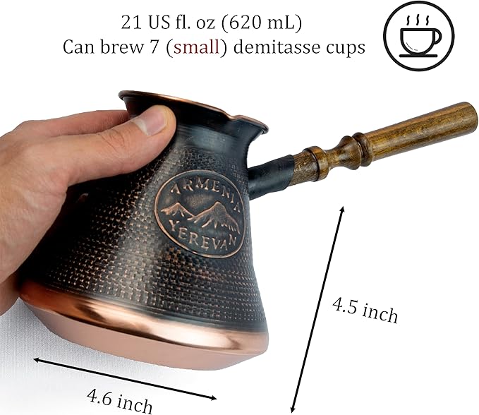 Handmade Armenian Coffee Pot 21 Fl Oz - Copper Jazva Ararat - Turkish Arabic Greek Cezve Jezve Ibrik Turka Jazve Maker - wooden handle - (7 cup (21 US fl.oz))