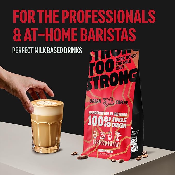 BAZAN COFFEE - Too Strong Robusta Vietnamese Whole Bean Coffee Dark Roast, Single Origin, High Caffeine & Low Acid Coffee, Bold Espresso Coffee Beans for Espresso Lovers, Full Bodied Flavor - 32oz Bag