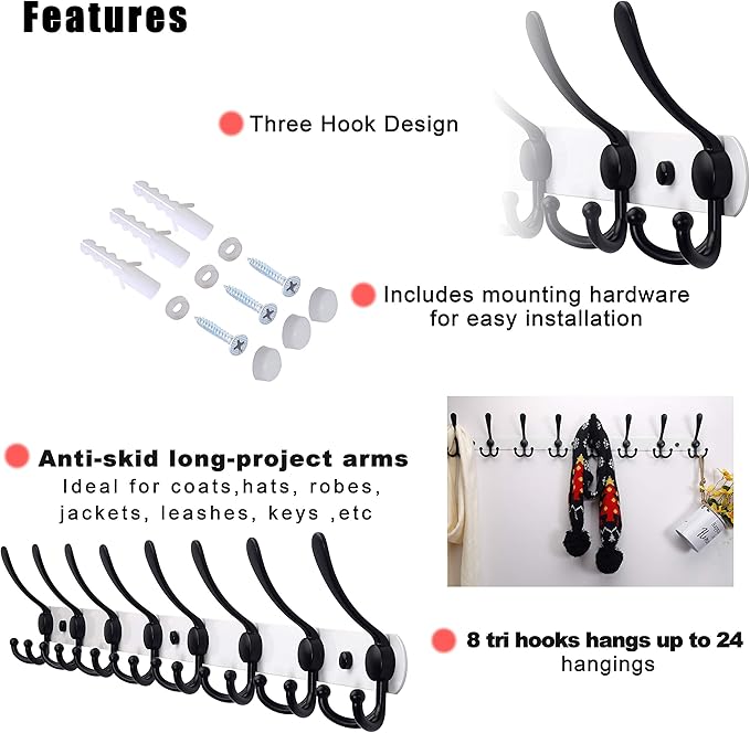 Dseap Coat Rack Wall Mount - 29.5” Long 8-Tri-Hooks Heavy Duty Coat Hanger Rail Wall Hooks for Hanging Coats Hats Clothing Clothes Purse Mudroom Entryway, White & Black