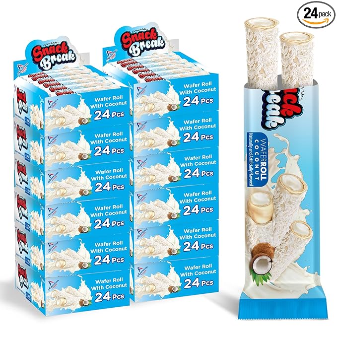 Snack Break Coconut Rolled Wafers, Individually Wrapped, Wafer Rolls with Creamy Coconut Filling, Snacks for Kids & Adults, 24 Individual Packs, Pack of 12