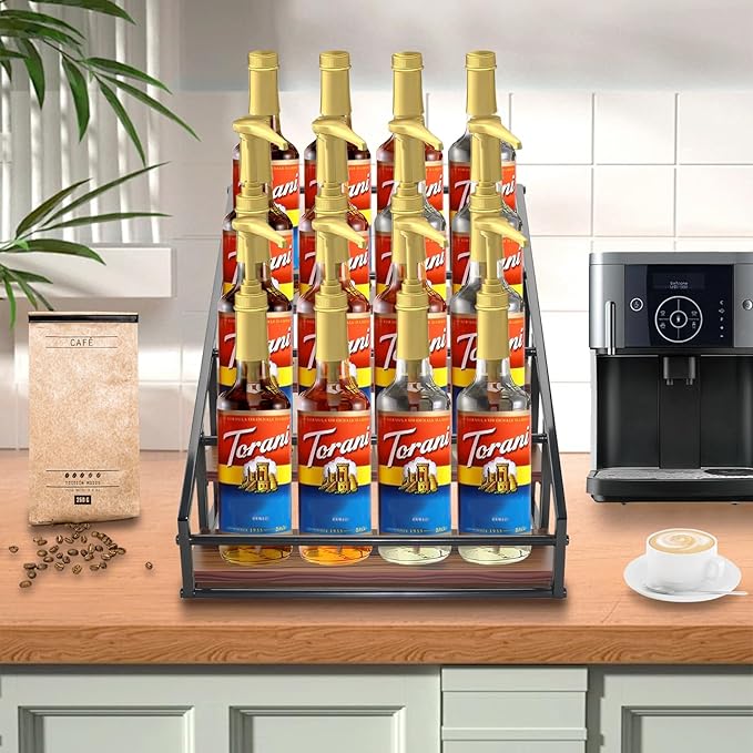 Coffee Syrup Organizer Rack, 4-Tier 16 Syrup Bottles Holder Stand for Freestanding Shelves for Coffee Bar Station,Kitchen, Syrup Wine Dressing Cocktail