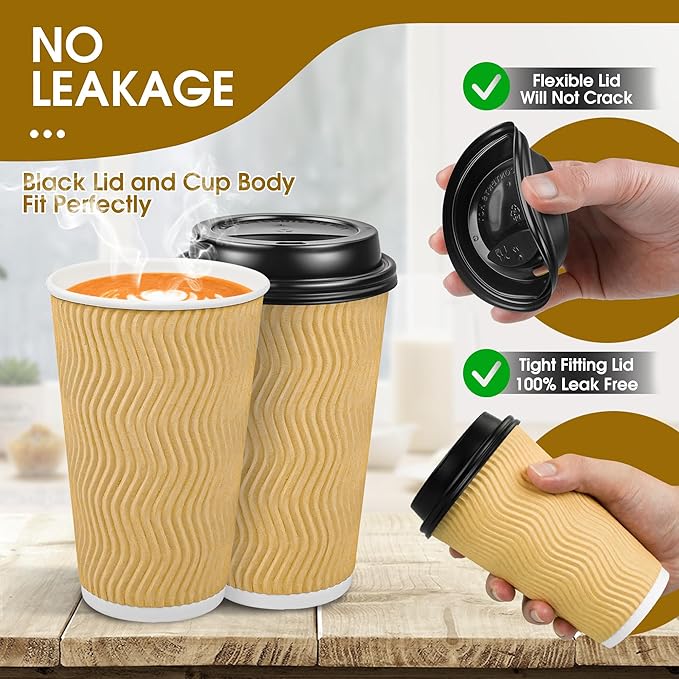 Ginkgo 100 Pack Disposable Coffee Cups with Lids 16 oz, Insulated Ripple Wall To Go Paper Cups for Party Home and Travel - Beige