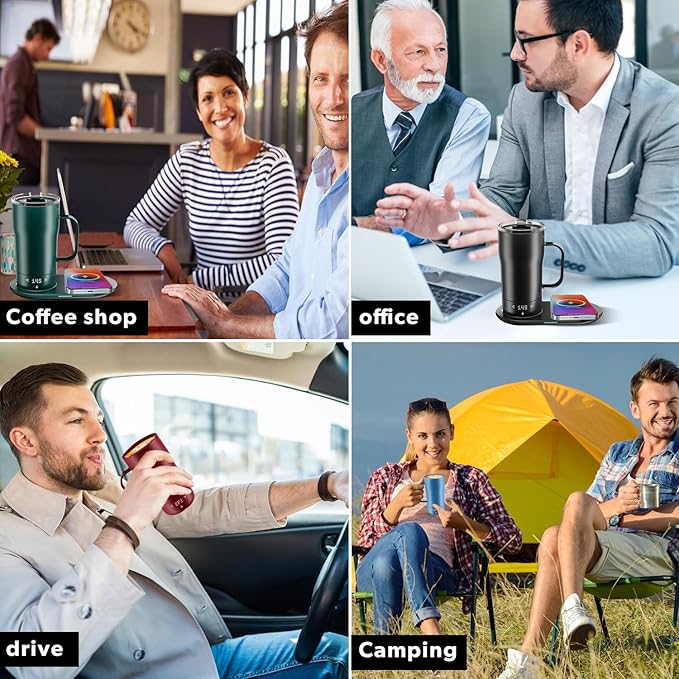 Smart Self Heating Coffee Mug 18 Oz Temperature Control Heated Coffee Mug App Controlled Warmer Mug 5-10 Hour LED Display Keep Coffee Hot All Day Fast Wireless Charger Base Lake Blue