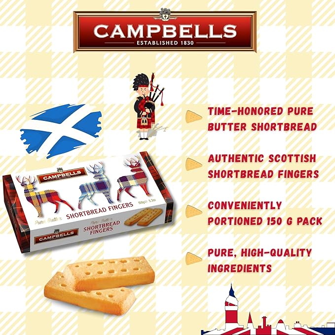 Campbells Shortbread Fingers Tartan Stag Carton 5.3 Oz (150g) - Pure Butter Scottish Shortbread Cookies from Scotland, British Tea Biscuits & Snacks, All-Butter Fingers, Cookie Gift Box