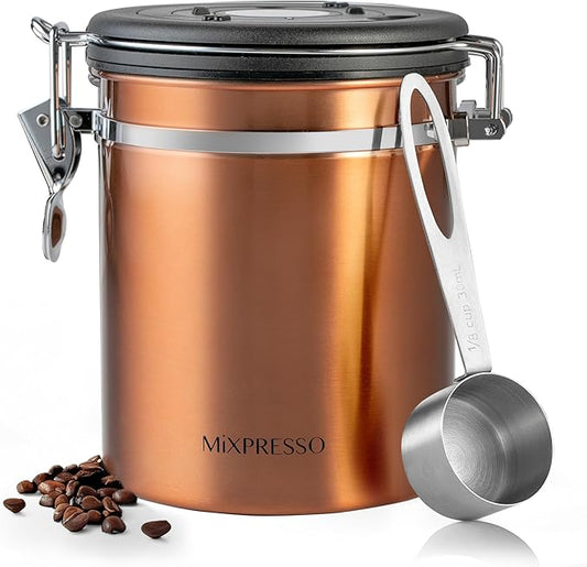 Mixpresso 16 Oz Copper Coffee Canister, Stainless Steel Airtight Coffee Container, Ground and Bean Storage with Date Tracker, Vacuum Sealed Espresso Airtight Container, Sugar Container