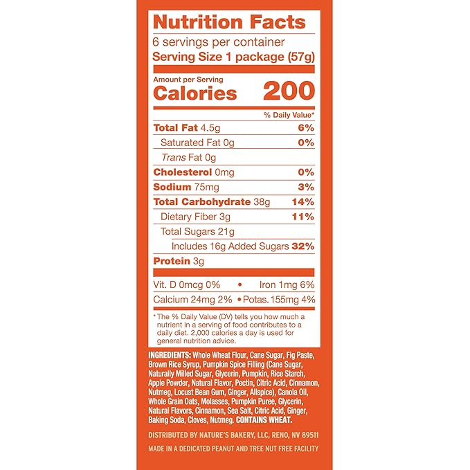 Nature's Bakery Whole Wheat Pumpkin Spice Fig Bars, 2 oz Snack Bars (36 Ct), Plant-Based, Vegan, Non-GMO