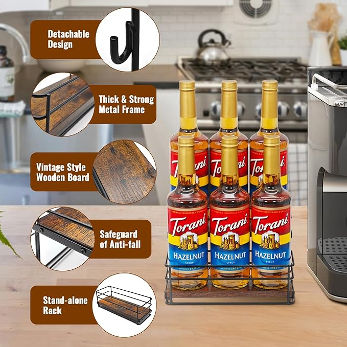 6 Bottle Capacity Coffee Syrup Rack Organizer, 2 Tier Coffee Syrup Stand Shelf, Storage Shelves for Coffee Bar, Small Wine Rack for Bar Family Storage for Syrup Wine Dressing