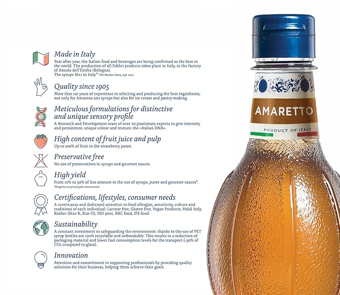 Fabbri Flavoring Syrup, Amaretto, Made in Italy, 33.8 Ounce (1 Liter)