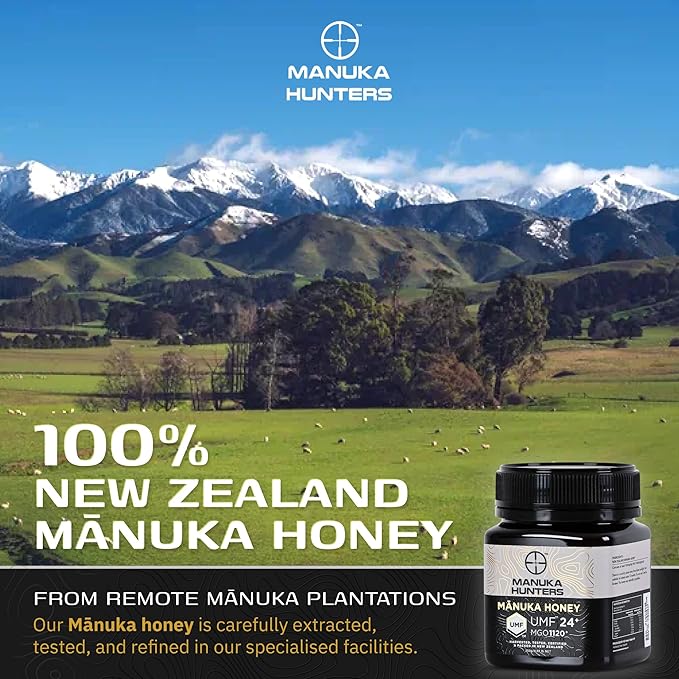 Manuka Hunters UMF 24+/MGO 1120+ Certified New Zealand Manuka Honey - 100% Pure Natural Sweetener - Gluten, Dairy Free - Ideal for Tea, Coffee, Smoothies, and Baking - Sustainable - 8.8oz/250g Jar