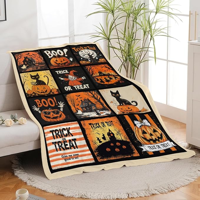 Halloween Blanket, Pumpkin Black Cat Fleece Flannel Throw Blanket, Trick or Treat Soft Lightweight Stuff Throws Gifts for Women Men Boys Girls Lovers Adults Lovers Sofa Decor 60"x50"