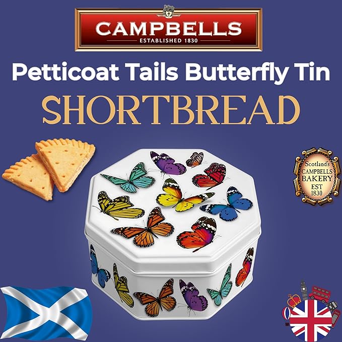Campbells Shortbread Petticoat Tails Butterfly Tin 4.1 Oz (115g) - Pure Butter Scottish Shortbread Cookies from Scotland, British Tea Biscuits, Butter Cookies Gift in Tin Can, Scottish Snacks