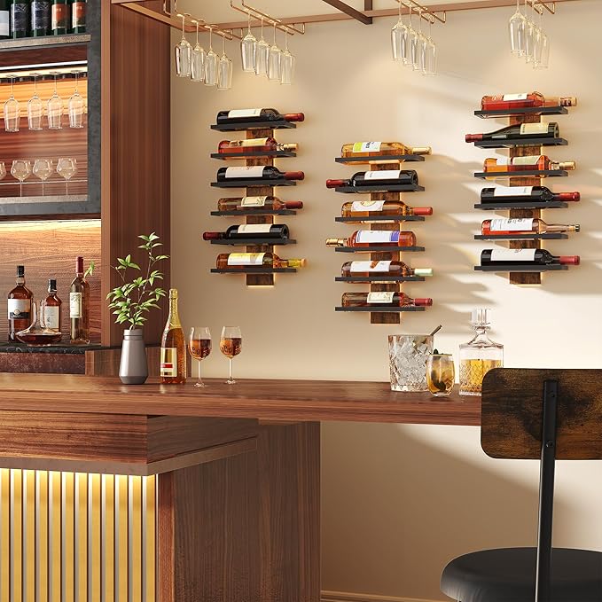 Hoctieon 3-Set 6 Tier Wall Mount Wine Rack, Wall Mounted Wine Bottle Racks for Display and Storage, Hanging Bottle Holder, for Living Room, Dining Room, Bar, Wine Cellar, Rustic Brown