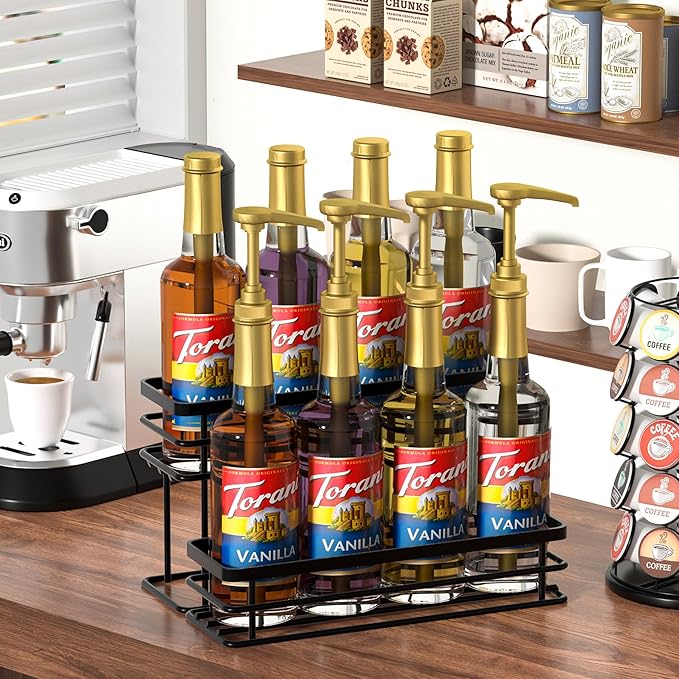 Coffee Syrup Rack Organizer, Syrup Bottle Holder Stand for Coffee Bar, 2-Tier 8 Bottles Storage Shelves for Syrup, Wine, Dressing for Kitchen Countertop (8 Bottles Black)