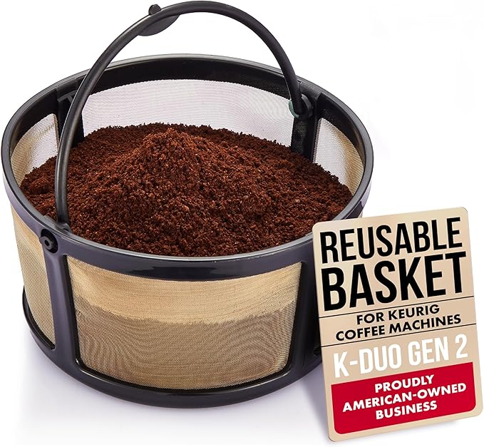 Reusable Keurig Mesh Coffee Filter Basket for K Duo, K-Duo Essentials, Keurig Duo Hot & Iced Coffee Makers by PureHQ – Refillable Gold Tone Carafe Filter for Ground Coffee