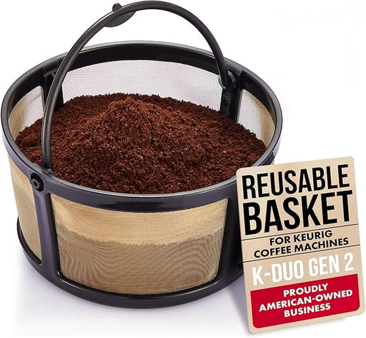 Reusable Keurig Mesh Coffee Filter Basket for K Duo, K-Duo Essentials, Keurig Duo Hot & Iced Coffee Makers by PureHQ – Refillable Gold Tone Carafe Filter for Ground Coffee