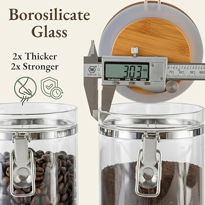 Airtight Coffee Canister with Scoop | Curated Glass Storage Set for Beans, Grounds & Sugar | 9-Piece Ritual Organizer with Bamboo Base, Versatile Artisan Spoon, Labels & Cleaning Brush