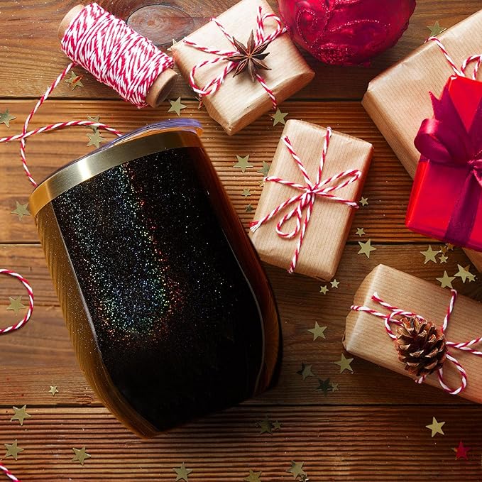 MEWAY Stemless 12oz Wine Tumbler Glasses with Lid -Insulated Double Wall Vacuum Stainless Steel Glitter Tumbler with Straw,for Woman Under 10 dollars(Rainbow Black,1)