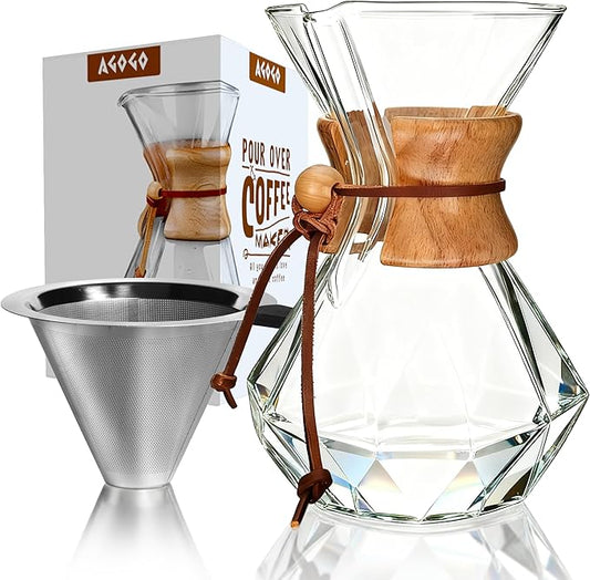 AGOGO Pour Over Coffee Maker Glass - 6/8/10 Cup Barista Kit with 304 Stainless Filter for Home, Office, Camping, Cafes - Easy Clean Coffee Dripper Set (Rag&Brush Included) (8 Cup/28 oz-Diamond Shape)