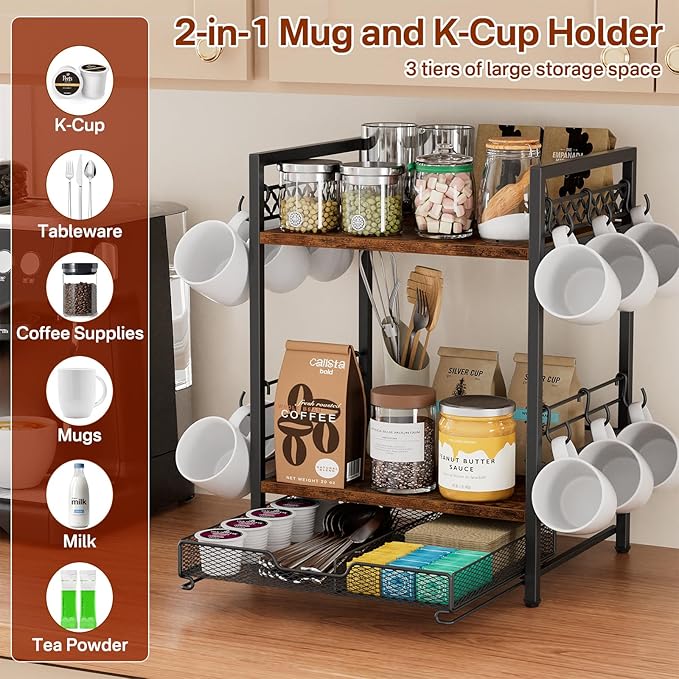 Coffee Bar Organizer Countertop, 3 Tier Mug Cup Holder Stand with 12 Hooks, 25 K Cup Coffee Pod Drawer with Mug Rack, Multifunctional Shelf for Accessories Kitchen (Black)