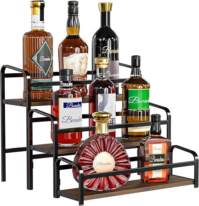 Coffee Syrup Rack Organizer, Wine Racks, Spice Racks, 3-Tier (Magnetic Connection) 12 Bottles Storage Shelves for Syrup Bottle Holder Stand for Coffee Bar, Kitchen Countertop, Rustic Brown & Black