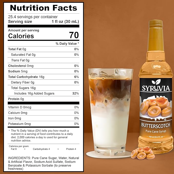Syruvia Coffee Syrup, Butterscotch Flavored Syrup for Drinks, Lattes, and Desserts – 25.4 fl oz,