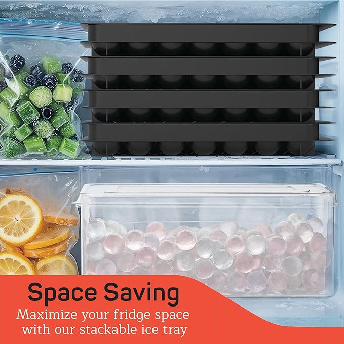 Round Ice Cube Tray Set Pack of 4, BPA-Free Stackable Trays with Lid & Tongs, 33 Ice Balls Per Tray for Whiskey, Drinks, and Cocktails, Quick Release Round Ice Cube Mold, Black