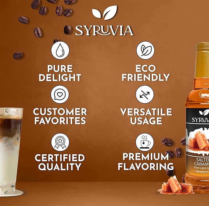 Syruvia Coffee Syrup, Salted Caramel Flavored Syrup for Drinks, Lattes, and Desserts – 25.4 fl oz, With Pump