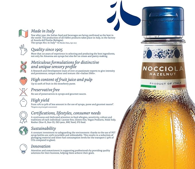 Fabbri Flavoring Syrup, Hazelnut, Made in Italy, 33.8 Ounce (1 Liter)