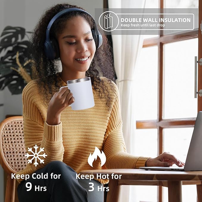 Volhoply 12oz Insulated Leakproof Coffee Mug with Flip & Straw Lid Bulk 2 Pack,Double Wall Vacuum Stainless Steel Travel Tumbler Cup with Handle,Reusable Camping Mugs Keep Cold/Hot(White,2 Set)