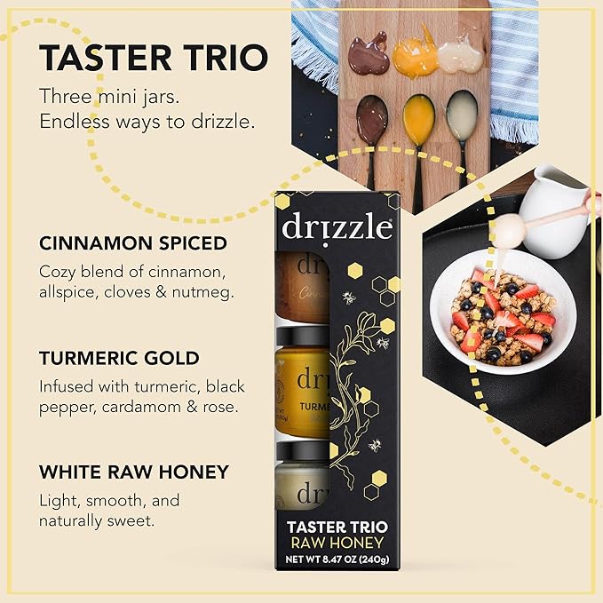 Drizzle Honey Taster Trio - All Natural Pure Raw Honey, Unfiltered, White, Cinnamon Spiced, & Turmeric Gold Mini Jars, Use in Tea & Coffee, Sugar Substitute, Certified Kosher - Pack of 3
