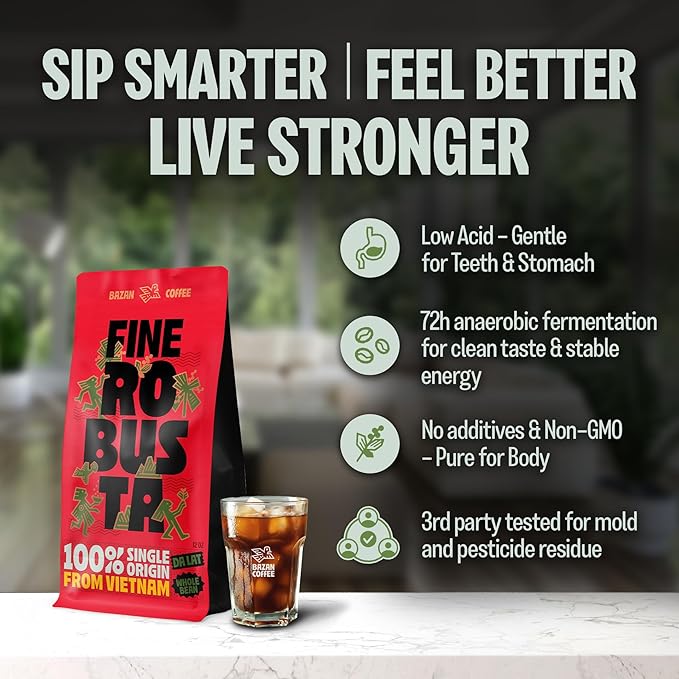 BAZAN COFFEE – Vietnamese Fine Robusta, Premium Medium Roast Whole Bean, Single Origin Specialty Coffee, 100% Natural, Anaerobic Fermented, Tropical Flavor Notes of Durian, Honey & Caramel, 12oz Bag